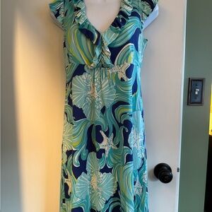 Lilly Pulitzer Aqua Wave Ruffle V-Neck Maxi Dress